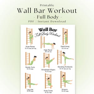 May include: Printable full body wall bar workout guide. The white poster features illustrations of exercises like knee raises, high plank, and leg lifts. Text includes exercise names and rep counts. The title "Wall Bar Workout" is displayed prominently.