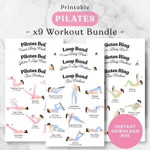Pilates Exercise Printable PDF Set | 9 Workouts with Pilates Ball, Pilates Ring & Loop Band | Pilates Workout Chart | Home Studio Workout