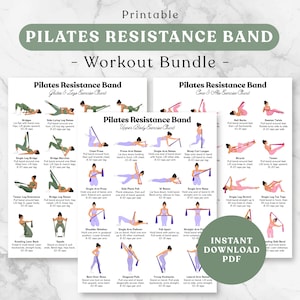 Puede incluir: Un paquete de ejercicios imprimibles con banda de resistencia de Pilates que incluye tres tablas para glúteos y piernas, core y abdominales, y parte superior del cuerpo. Cada tabla muestra figuras ilustradas con instrucciones de texto.