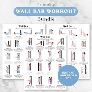 Puede incluir: Un paquete de ejercicios imprimibles para barra de pared que incluye tres tablas para core, abdominales, glúteos, piernas y tren superior. Cada tabla muestra ilustraciones negras de una persona realizando ejercicios en la barra.