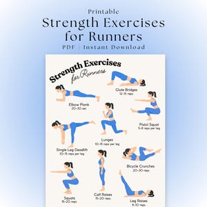 May include: A printable poster with the text "Strength Exercises for Runners" and illustrations of various exercises, including planks, lunges, and squats. The poster is designed for instant download.