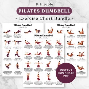 Op de afbeelding: Een printbare Pilates-halter oefeningengids bestaande uit drie witte vellen met zwarte tekst en illustraties van een persoon in bordeauxrode sportkleding die diverse oefeningen voor billen, benen, core, buikspieren en armen met halters uitvoert.