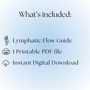 May include: A digital download graphic on a light blue background. The text reads "What's included:" followed by a list: "Lymphatic Flow Guide", "1 Printable PDF file", and "Instant Digital Download".