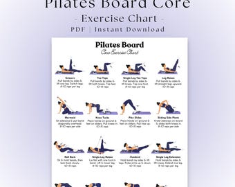 May include: A printable Pilates Board Core Exercise Chart PDF featuring sixteen illustrated exercise movements. Each graphic shows a person performing a specific workout on a purple board with resistance bands, accompanied by text labels and instructions.