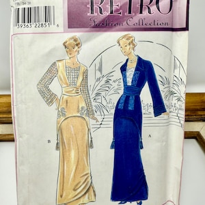 May include: Simplicity Retro Fashion Collection sewing pattern. The package features illustrations of two vintage dresses, one in gold and the other in blue. The package has the number 8640 and size H 6,8,10.