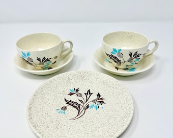 Juego de 5 piezas de té Myott Hemingway Safari de gres con diseño floral moteado de mediados de siglo