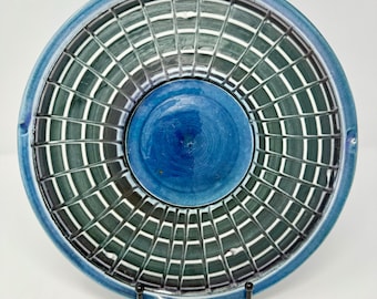 Bandeja de cerámica Art Studio Pottery Wall Gres Cobalto Azul Verde Abstracto Firmada