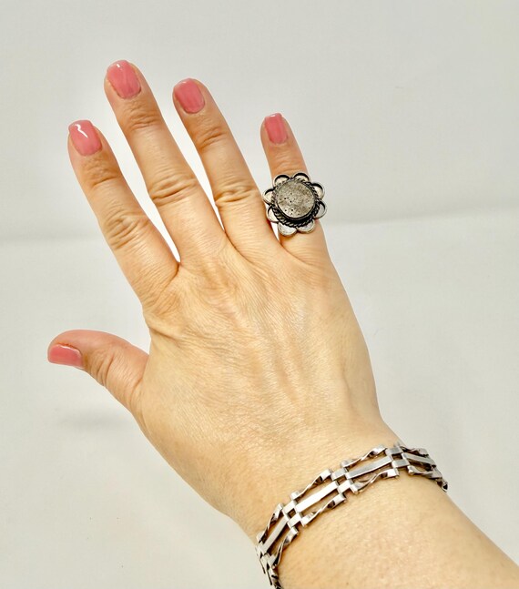 Vintage Sterling Silver Porous Jasper Flower Concho Style Statement Ring 925 XRF size 3.25