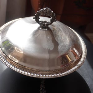 May include: A silver-colored serving dish with a lid. The lid has a decorative handle and a rope-like border. The dish is round and reflects light, suggesting a polished surface. The overall design is classic and elegant.
