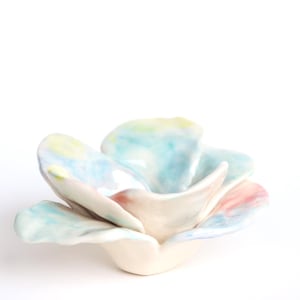 trinket tray jewelry holder ring plate flower design wedding ceramics pottery art floral decor rose pink handmade cute rainbow pastel spring