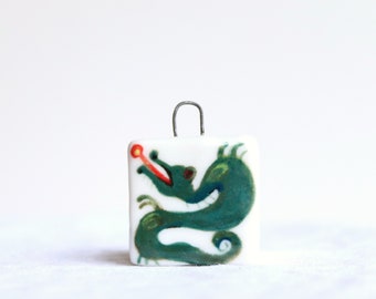 porcelain pendant dragon clay art large charm green, red and white porcelain jewelry hanger