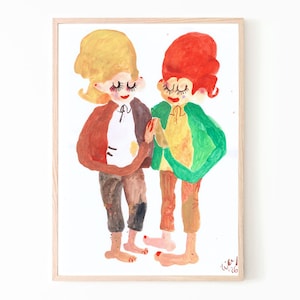 May include: A framed watercolor painting depicting two figures standing side by side. The figure on the left has blonde hair, a brown jacket, and dark pants. The figure on the right has red hair, a green jacket, and brown pants. Both are barefoot.