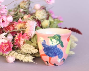 Taza de cerámica para espresso hecha a mano: Cerámica rosa con paisaje pintado a mano