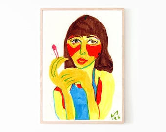 Pintura original em aquarela com marcadores: Shelley Duvall em papel A5 bege claro, três versões.