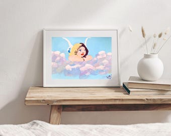 Pintura original em guache de um anjo, arte em tons pastel com nuvens, tamanho A4.