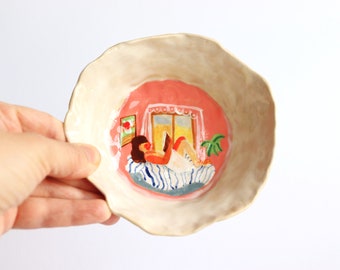 ceramic bowl dish plate tray illustrated "reading by the window clay" pink white 4 x 13.5 cm handmade clay glazed underglaze illustration