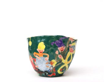 Handmade Ceramic Tea Cup: Illustrated Party Scene Pottery