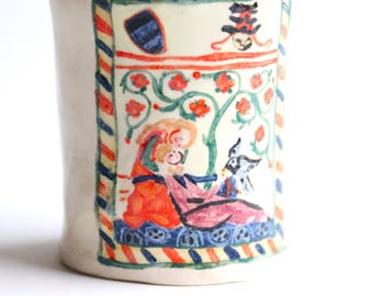 Handmade Ceramic Vase: Medieval Camelot Scene - Red White & Blue
