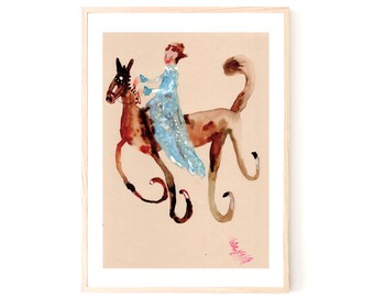 Wandkunst, Original-Aquarellgemälde eines Reiters auf einem braunen Pferd, A4-Format, 21,1 x 29,7 cm, auf naturfarbenem beigem Papier, Porträt eines Reiters