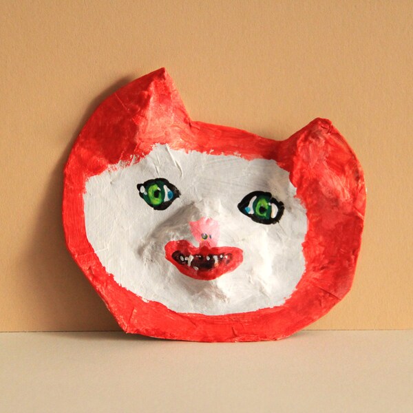 Halloween Papier MacHe Chat Néon Rouge et Blanc, Accrochage Mur Mignon Chat Peinture Original Pièce d’Art 10 x 9 cm Papier Papier Mâché Art