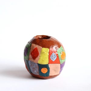 Handmade Ceramic Vase: Rustic Folk Art Red Clay with Colorful Pattern