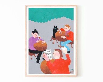 Pintura original em aquarela e guache: Retratos de cenas em um terraço de café