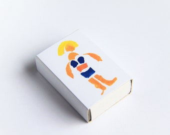 box handprinted relief print on paper glued onto matchbox like box giveaway gift box bikini print original art on box matchbox art