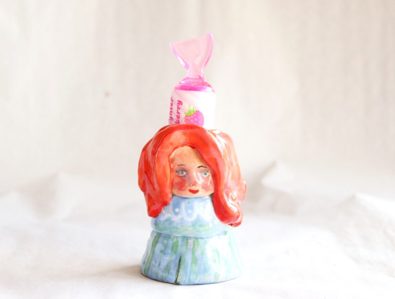 desk friend ceramics for pencils brush holder pen holder dry flower vase woman figurine red hair 4.5 x 7 cm handmade glazed glossy cute image 1