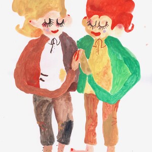 May include: A watercolor painting of two figures standing side by side. The figure on the left has blonde hair, a brown jacket, white shirt, and dark pants. The figure on the right has red hair, a green jacket, yellow shirt, and brown pants.