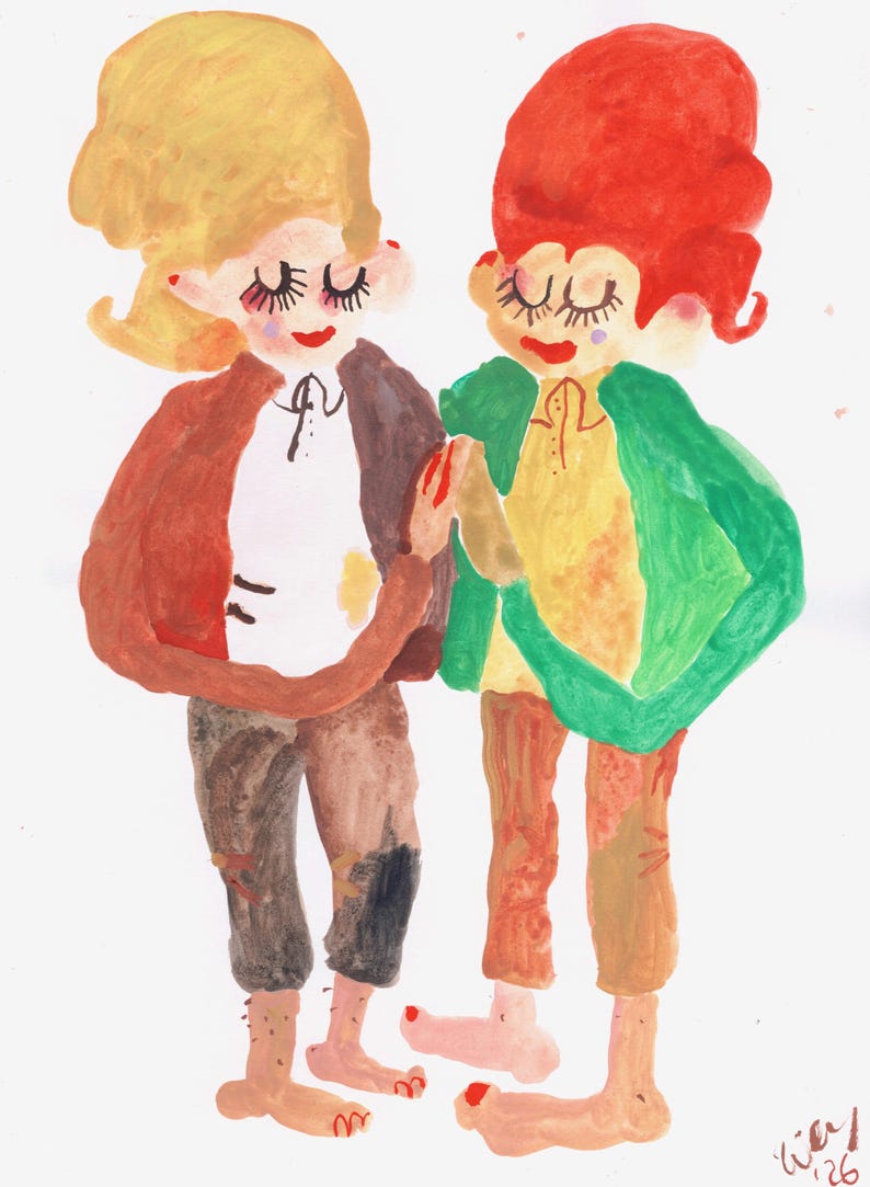 May include: A watercolor painting of two figures standing side by side. The figure on the left has blonde hair, a brown jacket, white shirt, and dark pants. The figure on the right has red hair, a green jacket, yellow shirt, and brown pants.