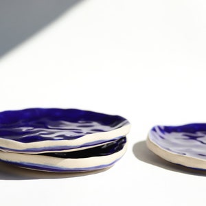 handmade ceramic plates dishes blue  glaze set of 3 flat wonky clay handbuilt ceramics artisan plate stoneware tablewear