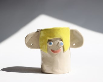 Vaso de cerâmica artesanal em formato de rosto, porta-brincos – Caneca para escritório, porta-lápis