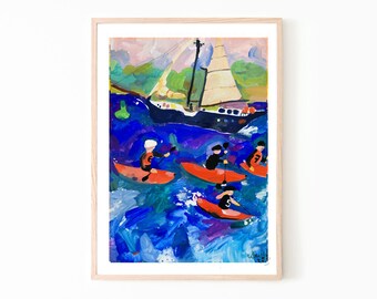 Pintura em guache de canoa polo, cena de lago, formato A4.