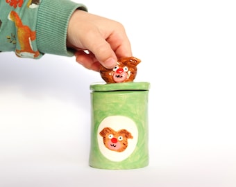 ceramic vessel lidded teddy bear lid box green cute handmade vase can lidded jar container small trinket anime aesthetics illustrated clay