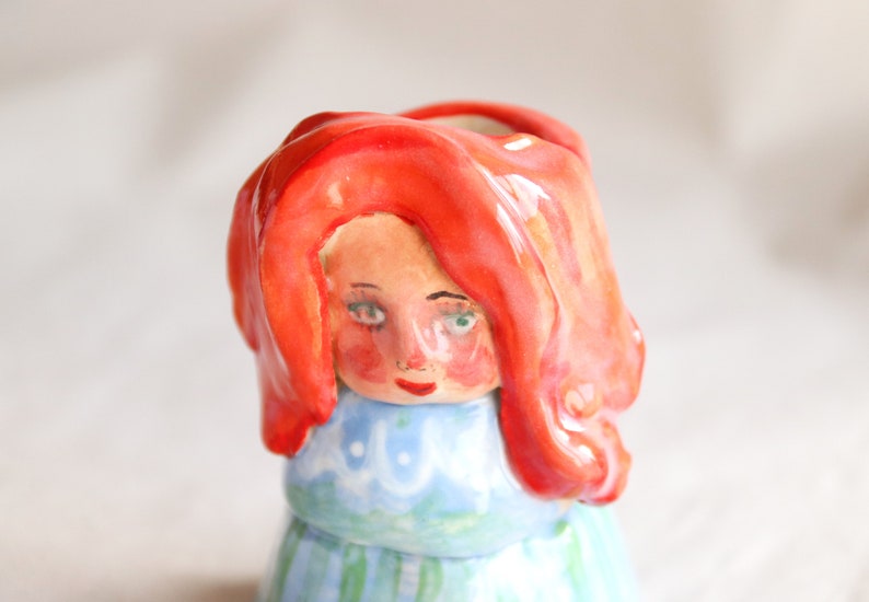 desk friend ceramics for pencils brush holder pen holder dry flower vase woman figurine red hair 4.5 x 7 cm handmade glazed glossy cute image 4