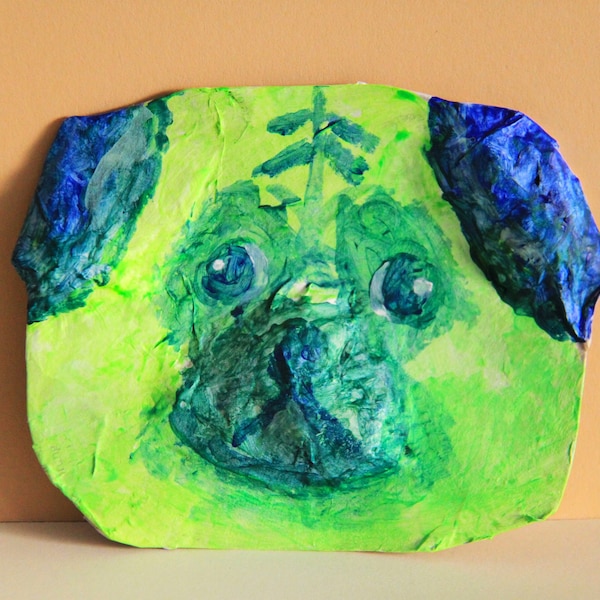 pappmache skulptur mops wandkunst acrylmalerei portrait hund 13 x 10,5 cm neongrün blau halloween