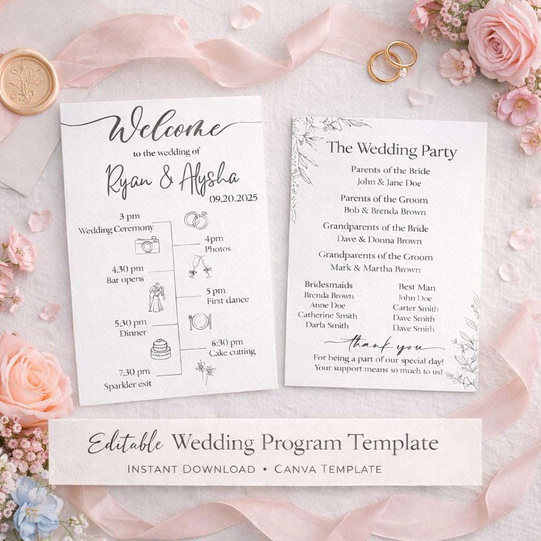 Editable Wedding Program Template, Wedding Order of Events, Printable ...