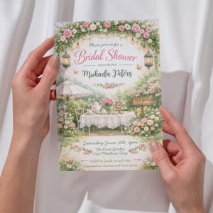 Invito per addio al nubilato a tema giardino floreale, invito per tea party, invito floreale per addio al nubilato, modello modificabile su Canva, download immediato