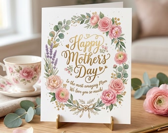 Tarjeta del Día de la Madre para mamá, tarjeta rosa floral de Feliz Día de la Madre, tarjeta de felicitación plegable de 5x7, tarjeta imprimible para mamá, descarga digital.