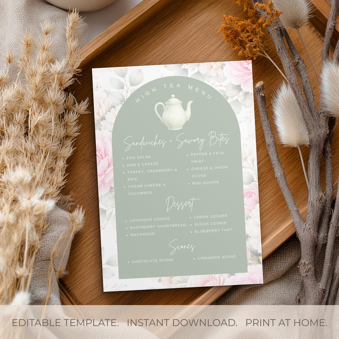 Spring Time High Tea Menu Card High Tea Menu Template, Bridal Shower Tea Party Menu, Editable Floral ...