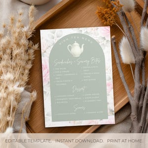 Plantilla de menú para té de la tarde, menú para despedida de soltera, menú floral editable para té de la tarde, menú imprimible para té de boda, plantilla de Canva