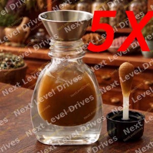 May include: A clear glass bottle filled with a brown liquid, topped with a metal funnel. A black cap and applicator are next to the bottle. The text "Next Level Drives" is visible.
