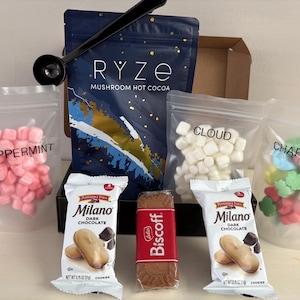 Melatonin Mushroom Hot Cocoa Gift Box Basket Cozy Night Kit with handmade marshmallow Gourmet Treats Peppermint …Milano, Biscoff and Ryze image 6
