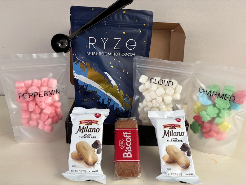 Melatonin Mushroom Hot Cocoa Gift Box Basket Cozy Night Kit with handmade marshmallow Gourmet Treats Peppermint …Milano, Biscoff and Ryze image 6
