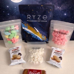 Melatonin Mushroom Hot Cocoa Gift Box Basket Cozy Night Kit with handmade marshmallow Gourmet Treats Peppermint …Milano, Biscoff and Ryze image 1