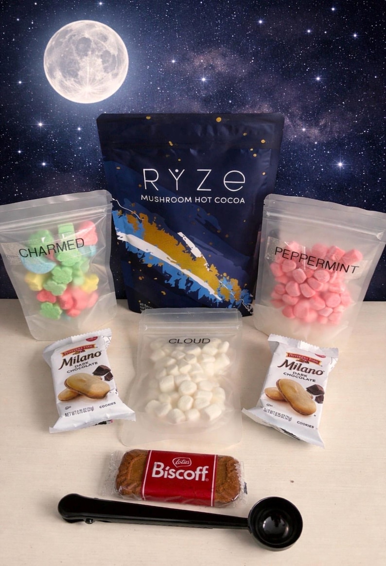 Melatonin Mushroom Hot Cocoa Gift Box Basket Cozy Night Kit with handmade marshmallow Gourmet Treats Peppermint …Milano, Biscoff and Ryze image 1