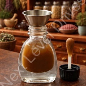 May include: A clear glass bottle with a brown liquid inside, a metal funnel, and a black cap with a brown applicator. The bottle sits on a wooden surface. The text "@NextLevelDrives 2026" is at the bottom.