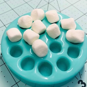 May include: A teal silicone mold with circular indentations, filled with white marshmallows. The mold is round and sits on a light blue surface with a grid pattern. The marshmallows are fluffy and evenly spaced.