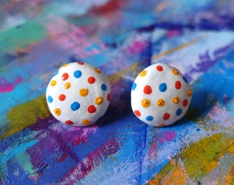 Confetti Clay Stud Earrings – Polka Dot Colorful Round Studs – 100% Handmade Fun Jewelry - Handpainted Earrings - Artist Jewelry