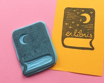 Ex Libris Moon and Stars Book Rubber Stamp - Hand Carved Rubber Stamp – Scrapbooking Stamp – Card Making – DIY Stationery - Journaling